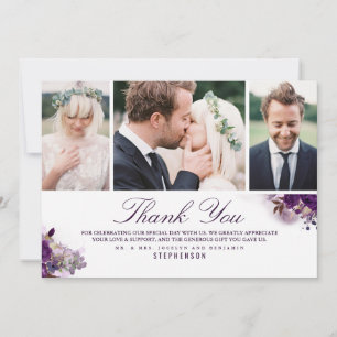 ナスの紫の花の結婚式3枚の写真 サンキューカード