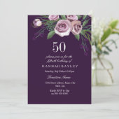 ナスの紫色のプラムとバラの女性の50歳の誕生日 招待状 (スタンド正面)