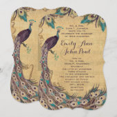 ナスの青 孔雀 ヴィンテージ 3 羽根 招待状 (正面/裏面)