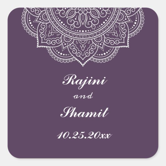 ナスエレガントホワイトインディアンペイズリー結婚ズ スクエアシール (正面)