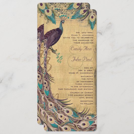 ナス水色と金ゴールド孔雀ヴィンテージ3羽 招待状 (正面/裏面)