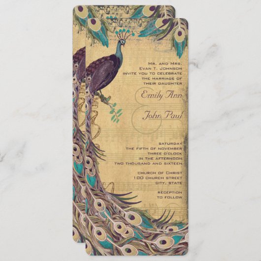 ナス水色と金ゴールド孔雀ヴィンテージ3羽 招待状