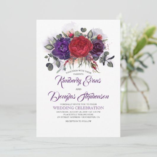 ナス紫とブルゴーニュのフローラ秋の結婚式 招待状 (スタンド正面)