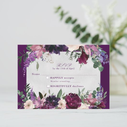 ナス紫のフローラ結婚式の出欠の挿入 (スタンド正面)