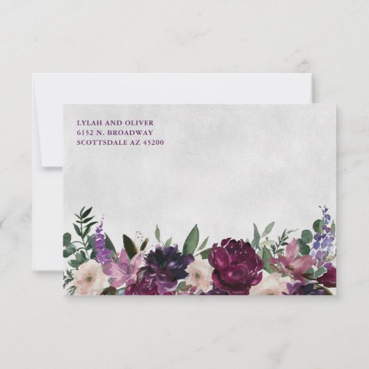 ナス紫のフローラ結婚式の出欠の挿入 (裏面)