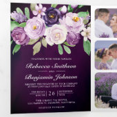 ナス紫の花のQRコードダークなムーディーな結婚式 三つ折り招待状 (内部最初)