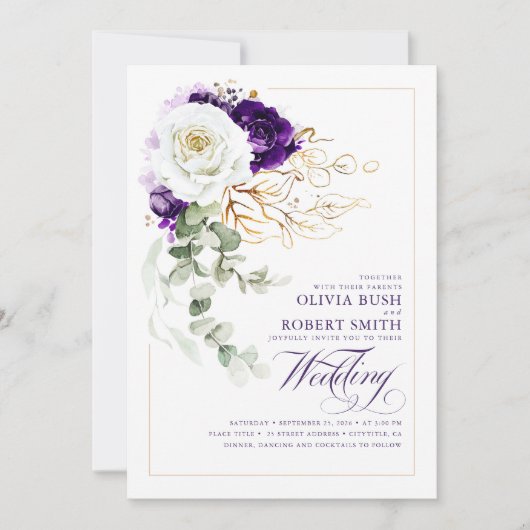 ナス紫シック王室のボホフローラズ結婚 招待状 (正面)
