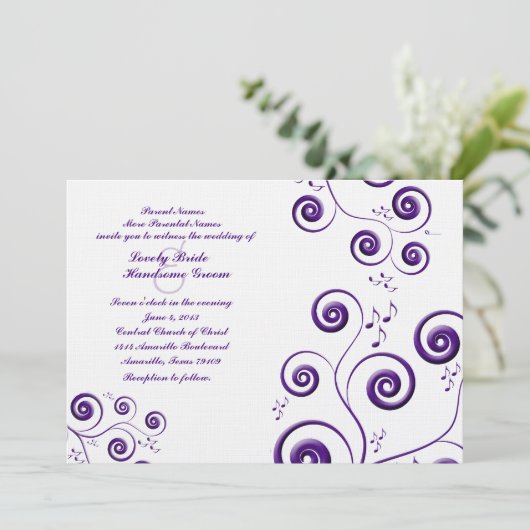 ナス紫スワールズミュージック結婚式招待状 招待状 (スタンド正面)