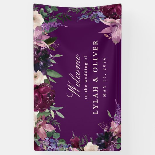ナス紫フローラ結婚のウェルカムバナー 横断幕 (縦)