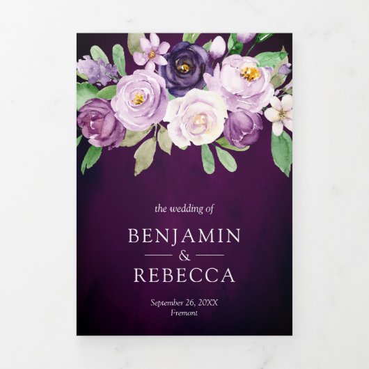 ナス紫フローラQRコードダークムーディ結婚ーズ 三つ折り招待状 (カバー)