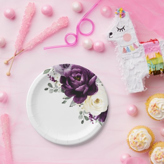 ナス紫プラムアイボリーホワイトフローラズ ペーパープレート (パーティー)