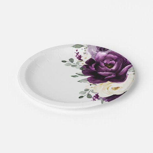 ナス紫プラムアイボリーホワイトフローラズ ペーパープレート (アングル)