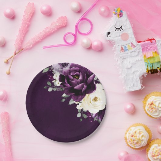 ナス紫プラムアイボリーホワイトフローラ結婚ズパ ペーパープレート (パーティー)