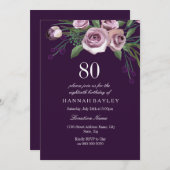 ナス紫プラムバラ女性80誕生日 招待状 (正面/裏面)