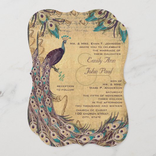 ナス・アクアピーコックヴィンテージ3羽毛 招待状 (正面/裏面)