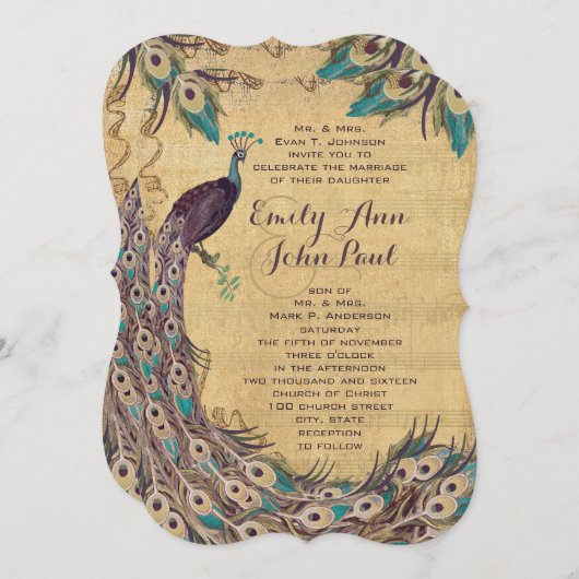 ナス・アクアピーコックヴィンテージ3羽毛 招待状 (正面/裏面)