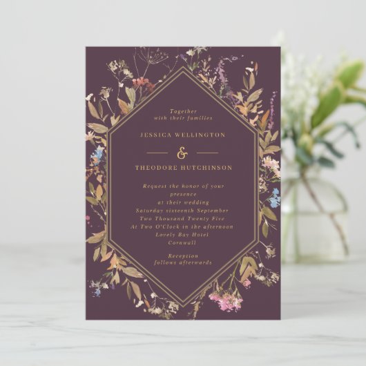 ナスBohoワイルドフラワーズ金ゴールドジオフレ結婚ーム 招待状 (スタンド正面)