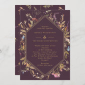ナスBohoワイルドフラワーズ金ゴールドジオフレ結婚ーム 招待状 (正面/裏面)