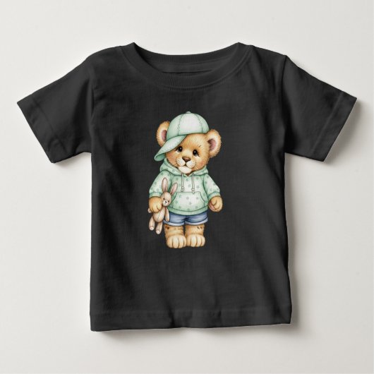 ナターシャのフード付きスウェットシャツとデニムショーツでライオンの子 ベビーTシャツ (正面)