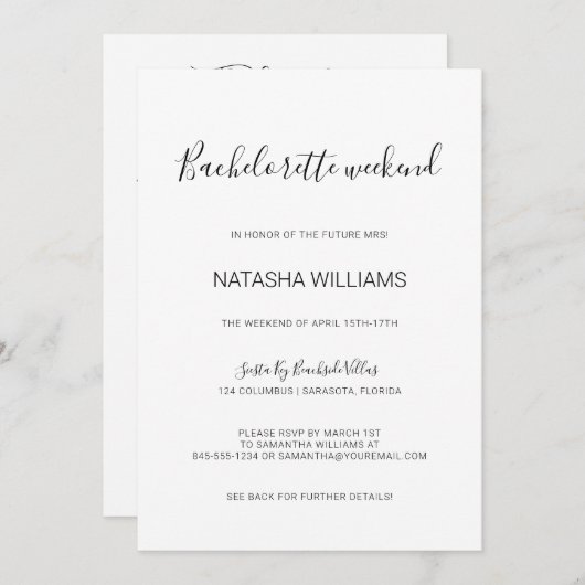 ナターシャの洗練された独身最後の週末の招待状（行程付き） 招待状 (正面/裏面)