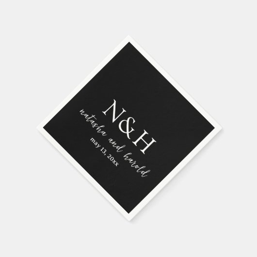 ナターシャブラックモノグラムモダン結婚ズ スタンダードカクテルナプキン (角)