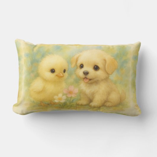 ナターシャ・アスによる水彩画のひよこ+子犬 ランバークッション (正面)