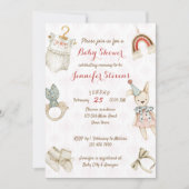 ナチュラルでアンティークなベビーおもちゃと服のベビーシャワー 招待状 (正面)