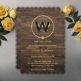 ナチュラルでキュートなゴールドハートモノグラム家族ベビーシャワー 招待状