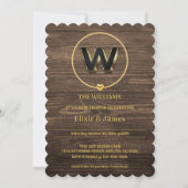 ナチュラルでキュートなゴールドハートモノグラム家族ベビーシャワー 招待状 (正面)