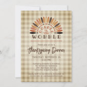 ナチュラルでユーモアのある感謝祭ディナー・ターキー・チェック柄 招待状 (正面)