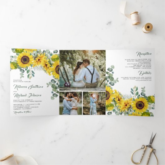ナチュラルなひまわりとユーカリの写真コラージュ結婚式 三つ折り招待状 (内部)