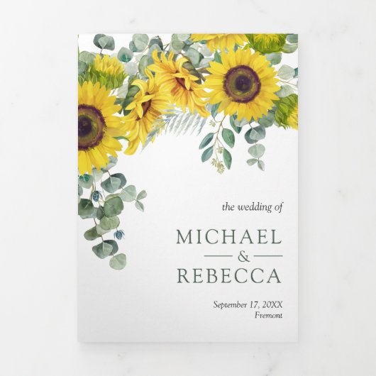 ナチュラルなひまわりとユーカリの写真コラージュ結婚式 三つ折り招待状 (カバー)