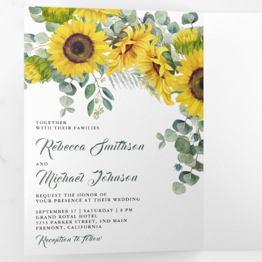 ナチュラルなひまわりとユーカリの写真コラージュ結婚式 三つ折り招待状 (内部最初)