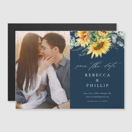 ナチュラルなひまわりとユーカリの結婚式 Save The Date マグネット招待状 (正面/裏面)