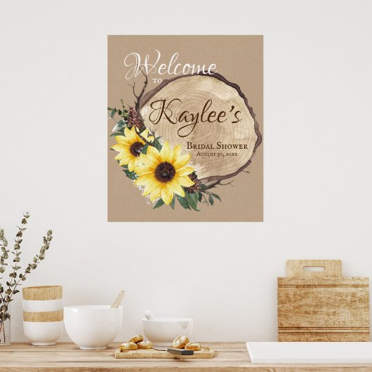 ナチュラルなひまわりとログスライスのウェルカムサイン ポスター (キッチン)
