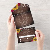 ナチュラルなひまわりと赤いバラのウェディングデザイン ストリングライト オールインワン招待状 (貼ってはがせる)