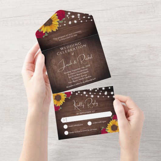 ナチュラルなひまわりと赤いバラのウェディングデザイン ストリングライト オールインワン招待状 (貼ってはがせる)