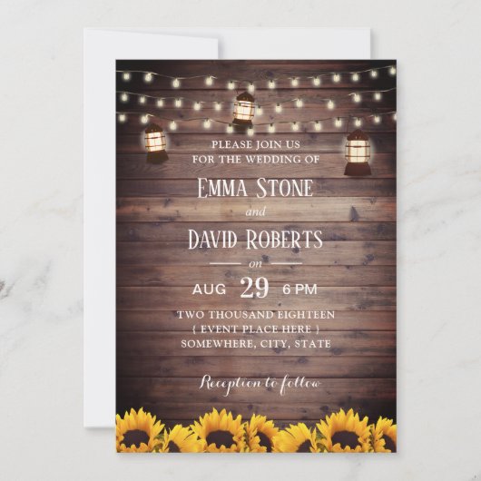 ナチュラルなひまわりのランタンとストリングライトのウェディング 招待状 (正面)
