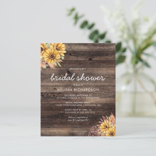 ナチュラルなひまわりの木製ウェディングシャワー招待状 (スタンド正面)
