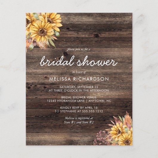 ナチュラルなひまわりの木製ウェディングシャワー招待状 (正面)