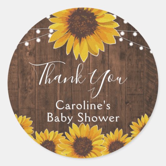 ナチュラルなひまわりストリングライト ウッドベイビーシャワー ラウンドシール (正面)