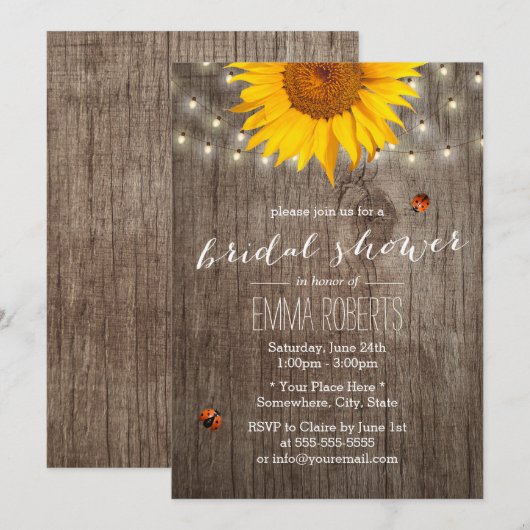 ナチュラルなひまわりストリングライト ウッド ブライダルシャワー 招待状 (正面/裏面)
