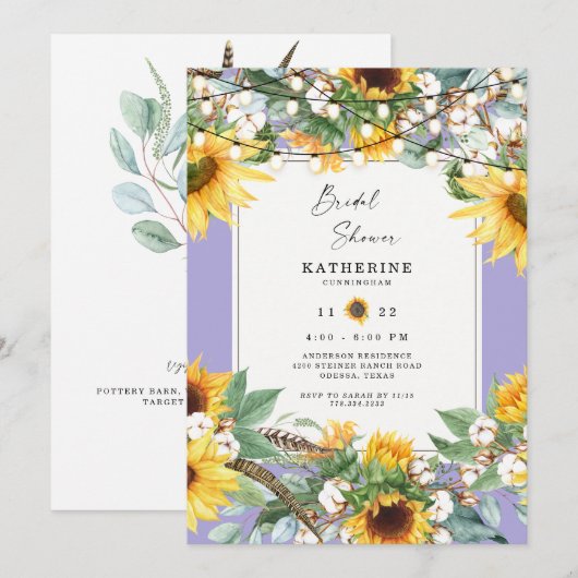 ナチュラルなひまわりストリングライト ラベンダー ブライダル 招待状 (正面/裏面)