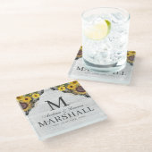 ナチュラルなひまわりレース木製 カップル ネーム ガラスコースター (アングル)