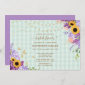 ナチュラルなひまわり ラベンダー 緑の格子縞 ブライダルシャワー 招待状 (正面/裏面)