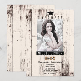 ナチュラルなアイボリー色の納屋風の木製卒業写真パーティー 招待状