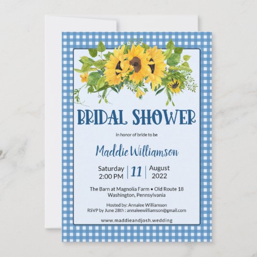 ナチュラルなギンガムチェックのひまわり カントリーウェディングシャワー 招待状 (正面)