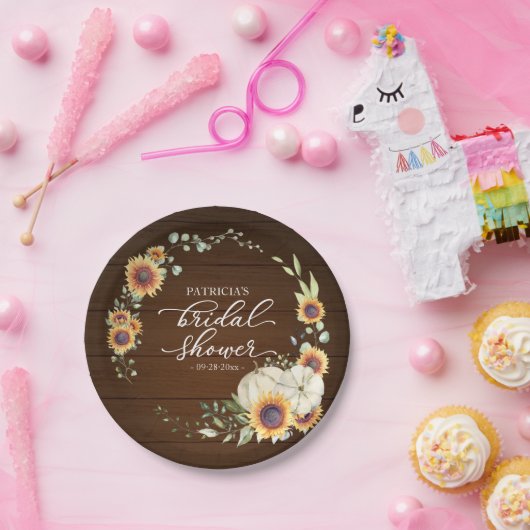 ナチュラルなグリーンとひまわりとパンプキンの秋のブライダル ペーパープレート (パーティー)