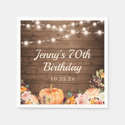 ナチュラルなストリングライト 秋のカボチャ お誕生日おめでとう スタンダードカクテルナプキン (正面)