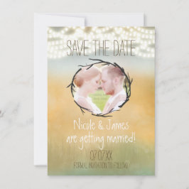 ナチュラルなストリングライト Save The Date フォトカード 招待状